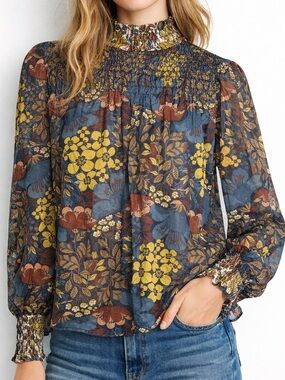 Zara Trafaluc Floral Smocked High Neck Blouse Sheer Black Size Small